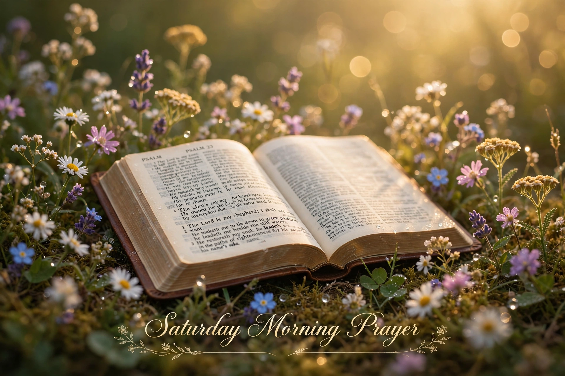 Saturday Morning Prayer image — open Bible with wildflowers in morning light
