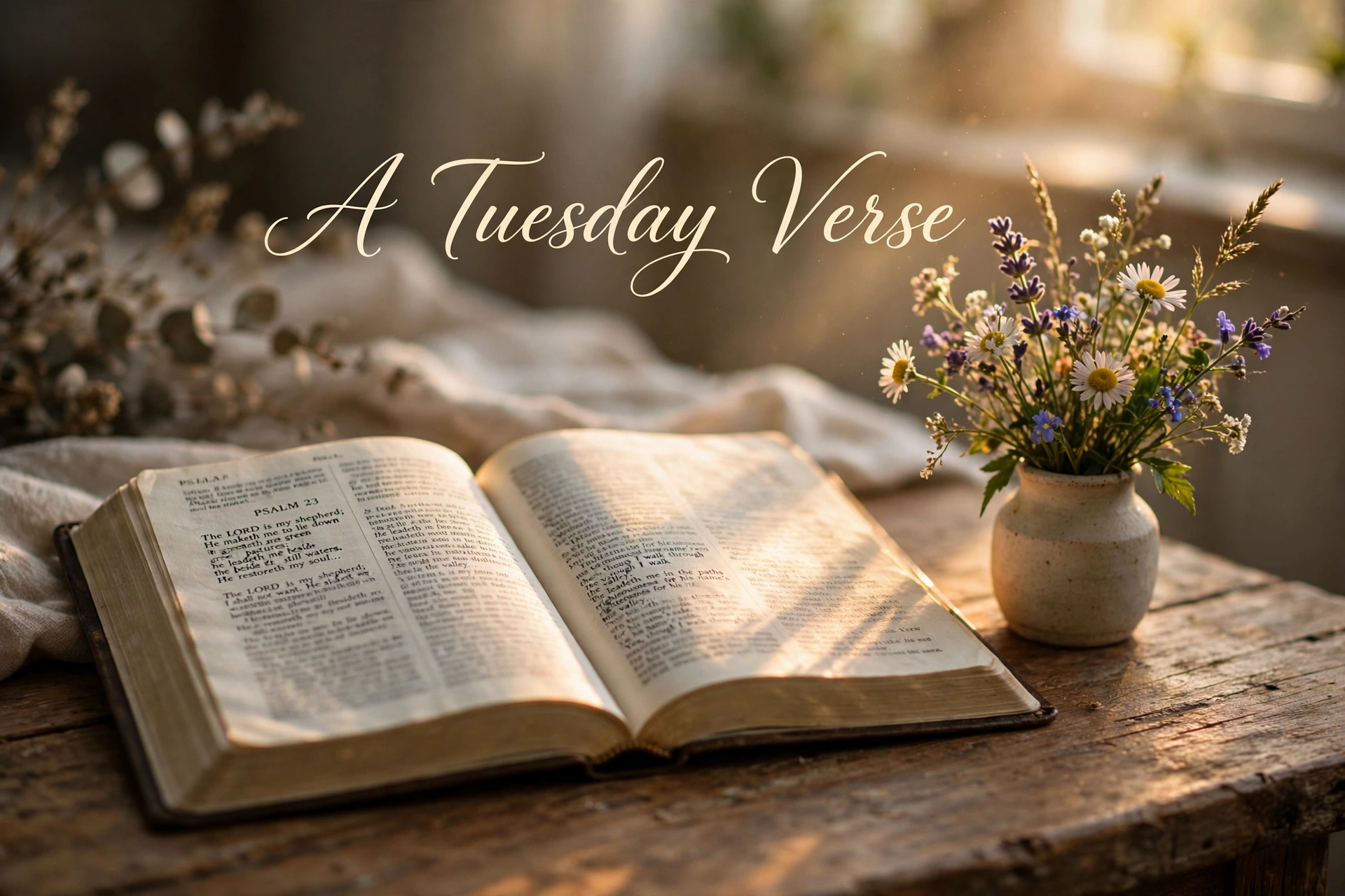 Tuesday Bible verse image — open Bible with wildflowers in morning light