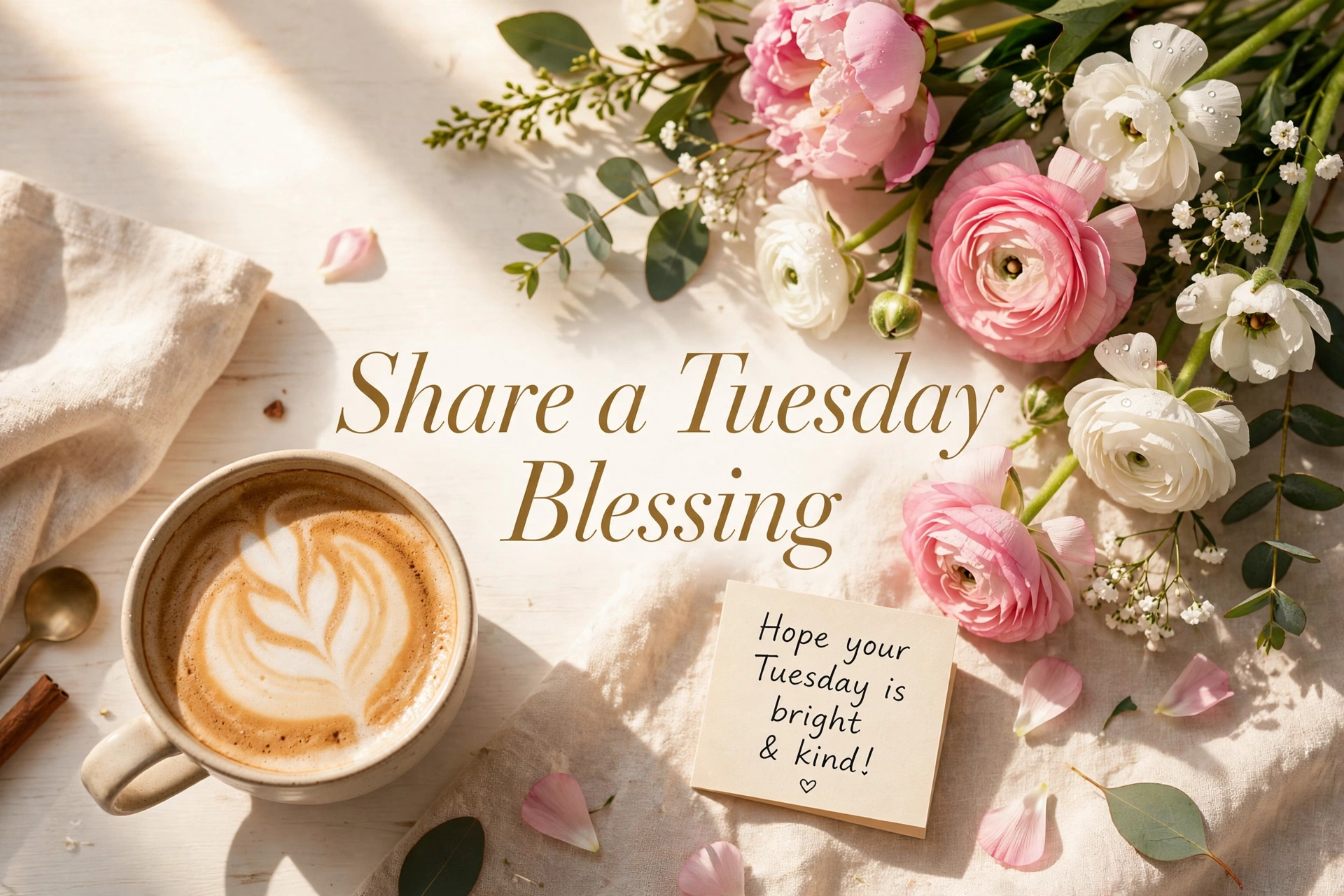 Share a Tuesday Blessing image — coffee, flowers and a handwritten blessing card
