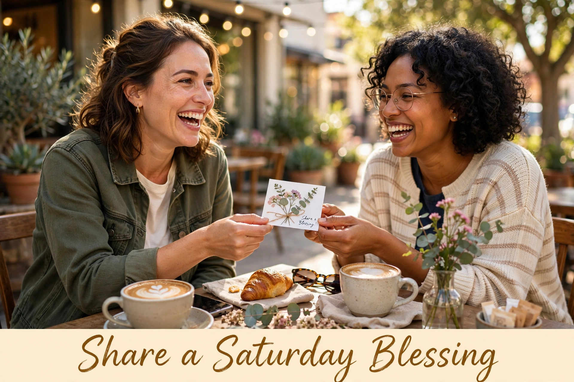 Share a Saturday Blessing image — friends sharing coffee and a blessing card