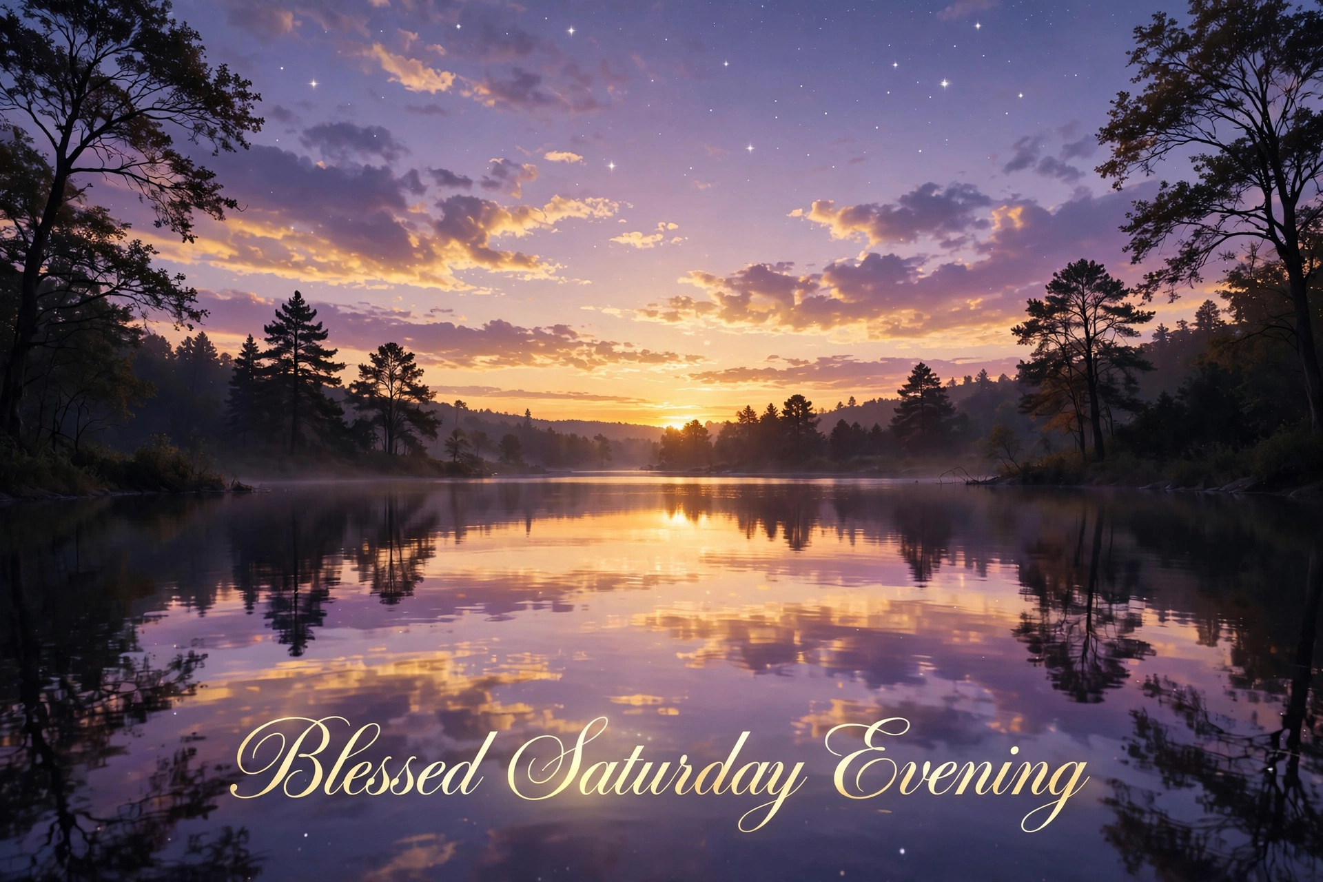 Blessed Saturday Evening image — peaceful sunset over a calm lake