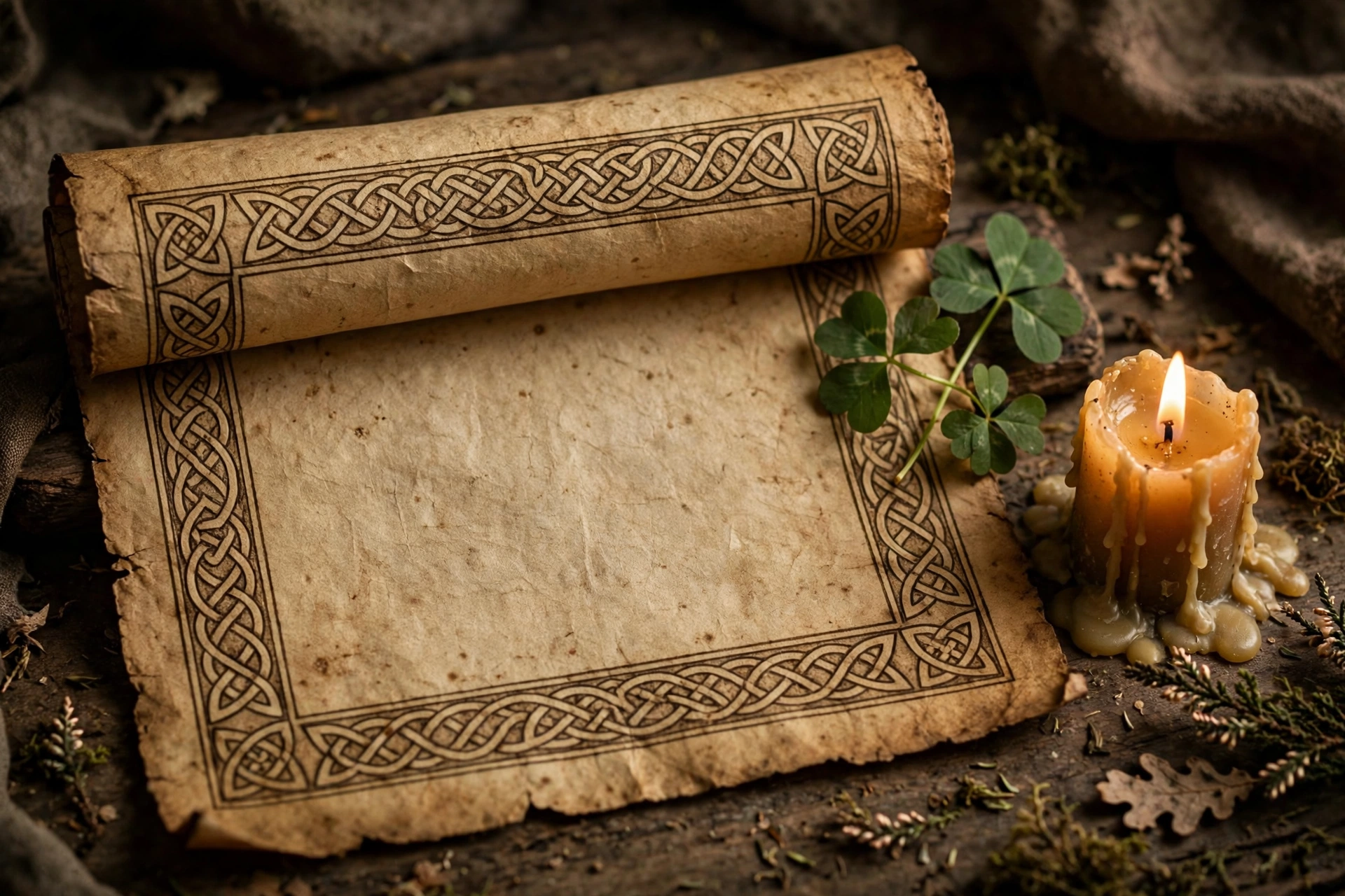 Vintage parchment scroll with a Celtic knot border beside a shamrock sprig and candle