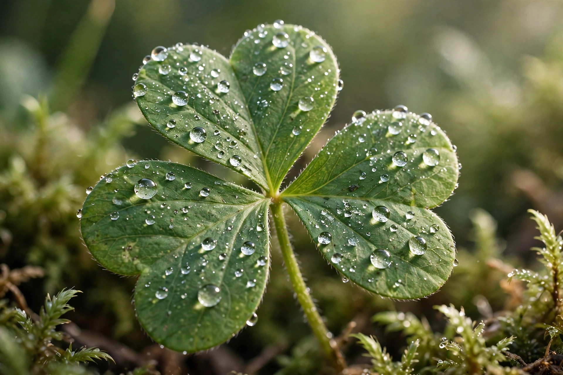 Macro of a dew-covered shamrock leaf in soft morning light, the green symbol of an Irish blessing