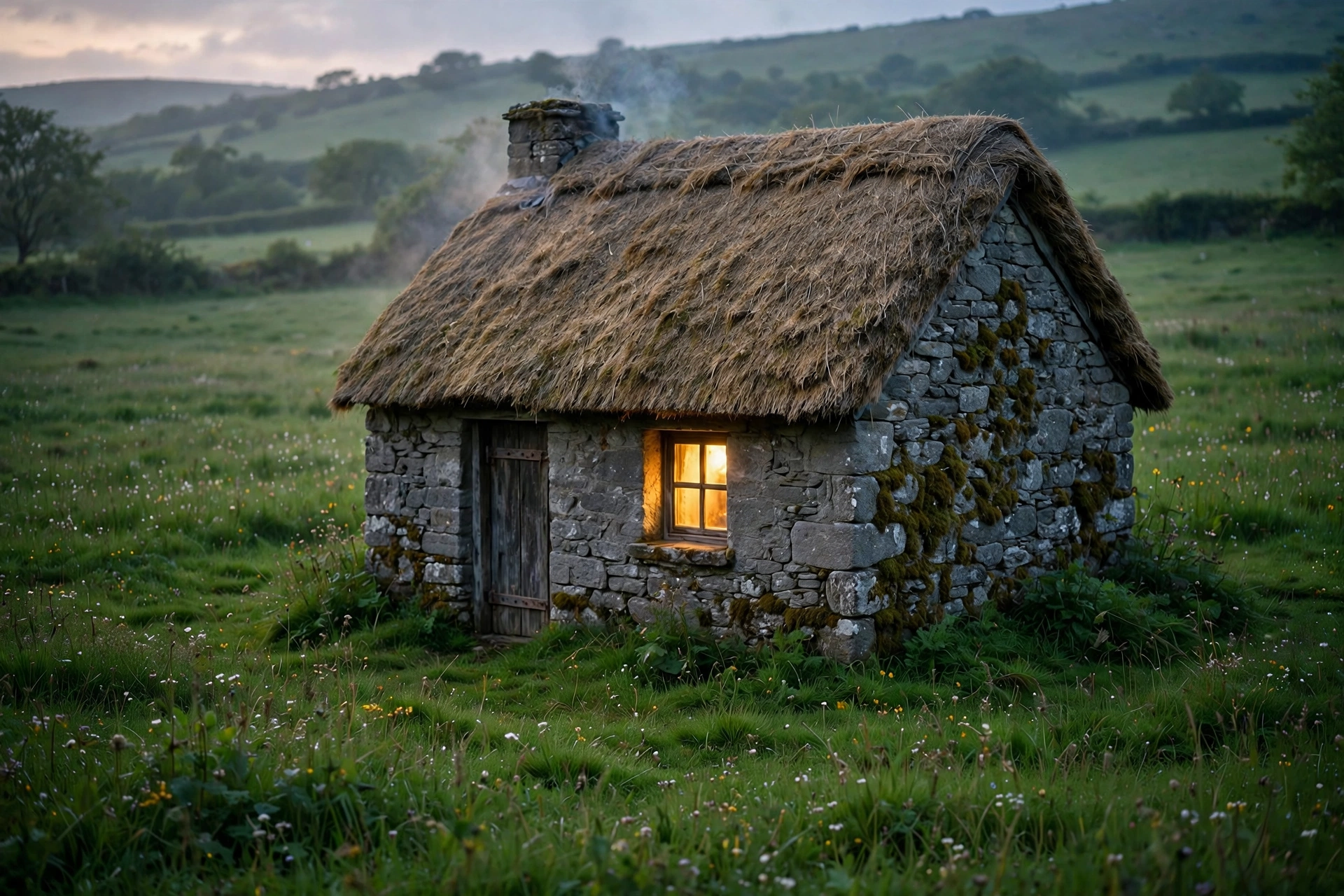 Cozy Irish stone cottage with thatched roof and a warm glowing window, an Irish blessing of home and hearth