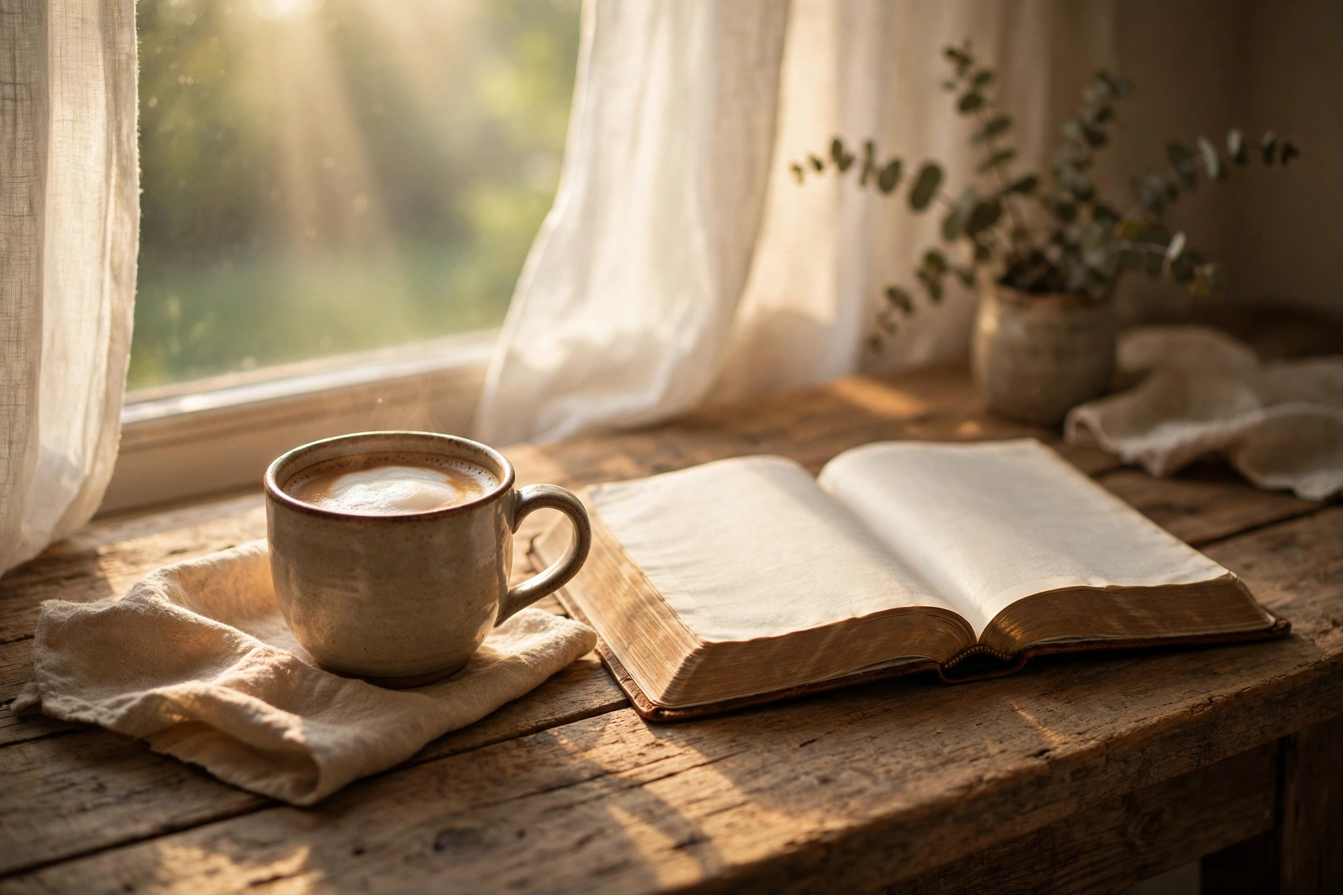 Warm cup of coffee beside an open Bible on a wooden table in soft morning sunlight
