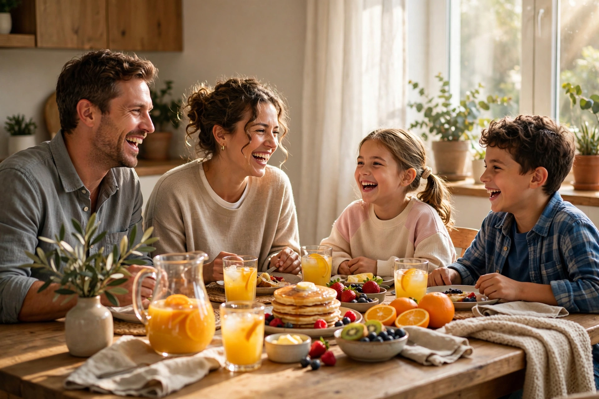 Happy family sharing a sunny Sunday brunch with pancakes and orange juice