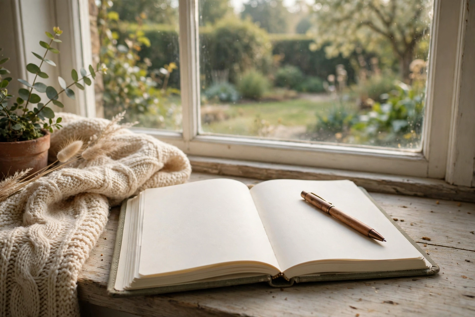 Open gratitude journal with a pen on a bright windowsill overlooking a calm garden