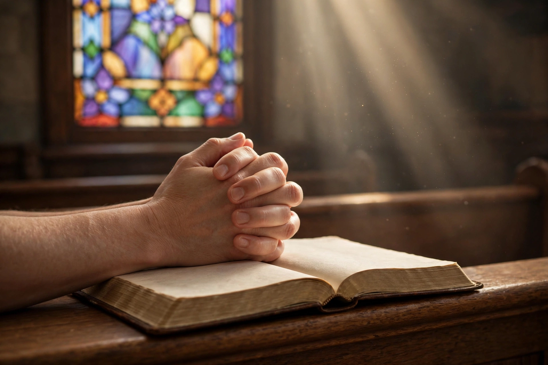 Hands folded in prayer on an open Bible in a softly lit church pew