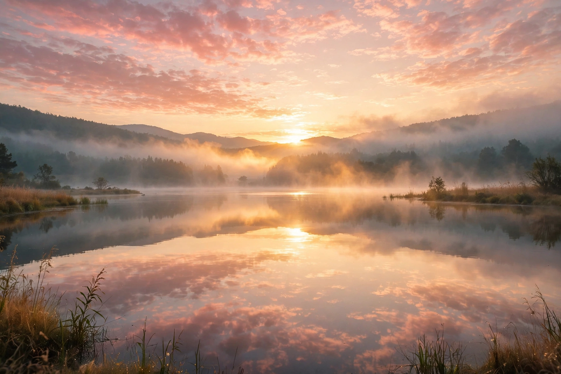 Golden sunrise over a calm lake with pink morning clouds reflected in still water