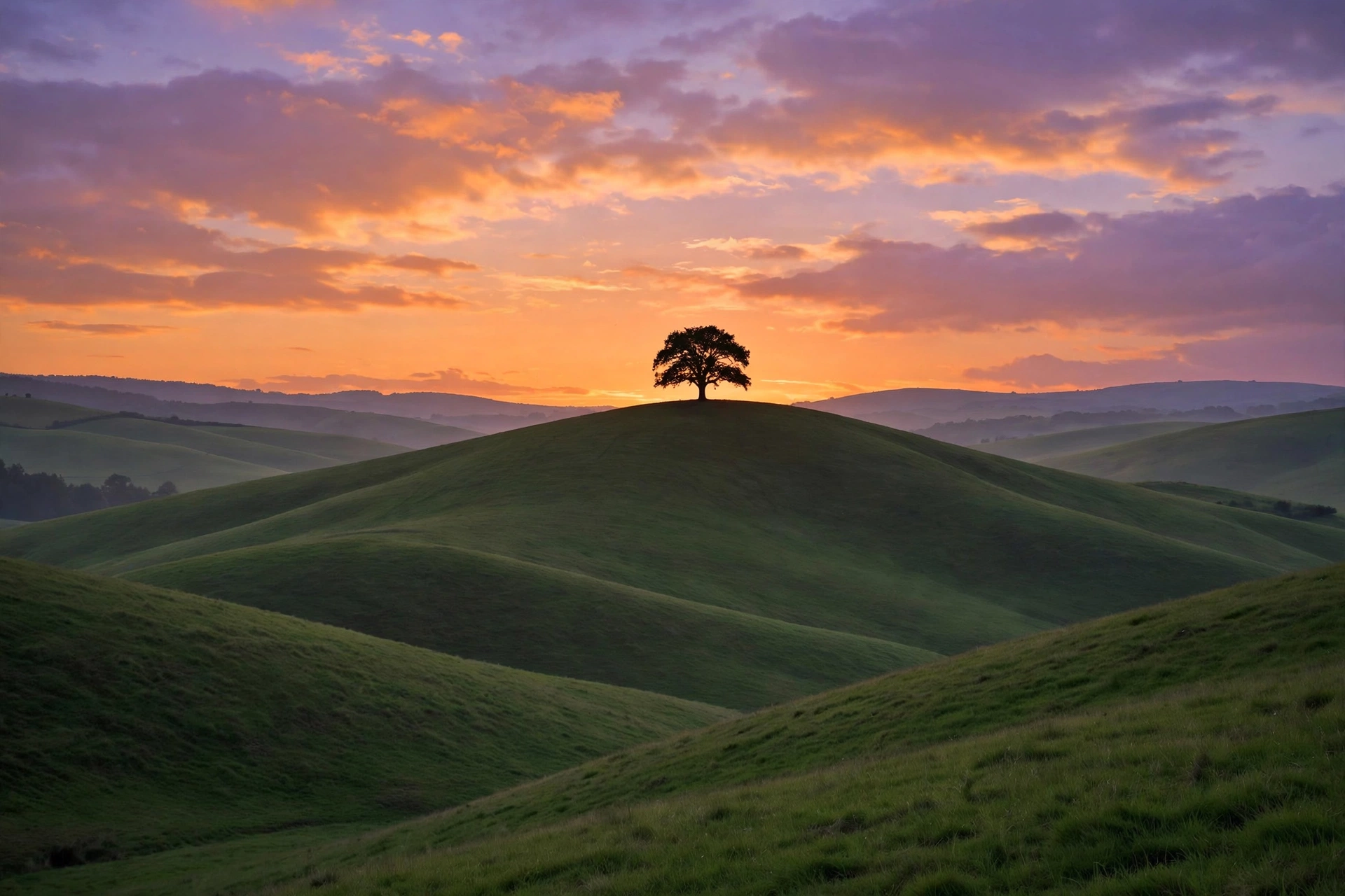 Peaceful Sunday sunset over rolling green hills with a lone tree silhouette