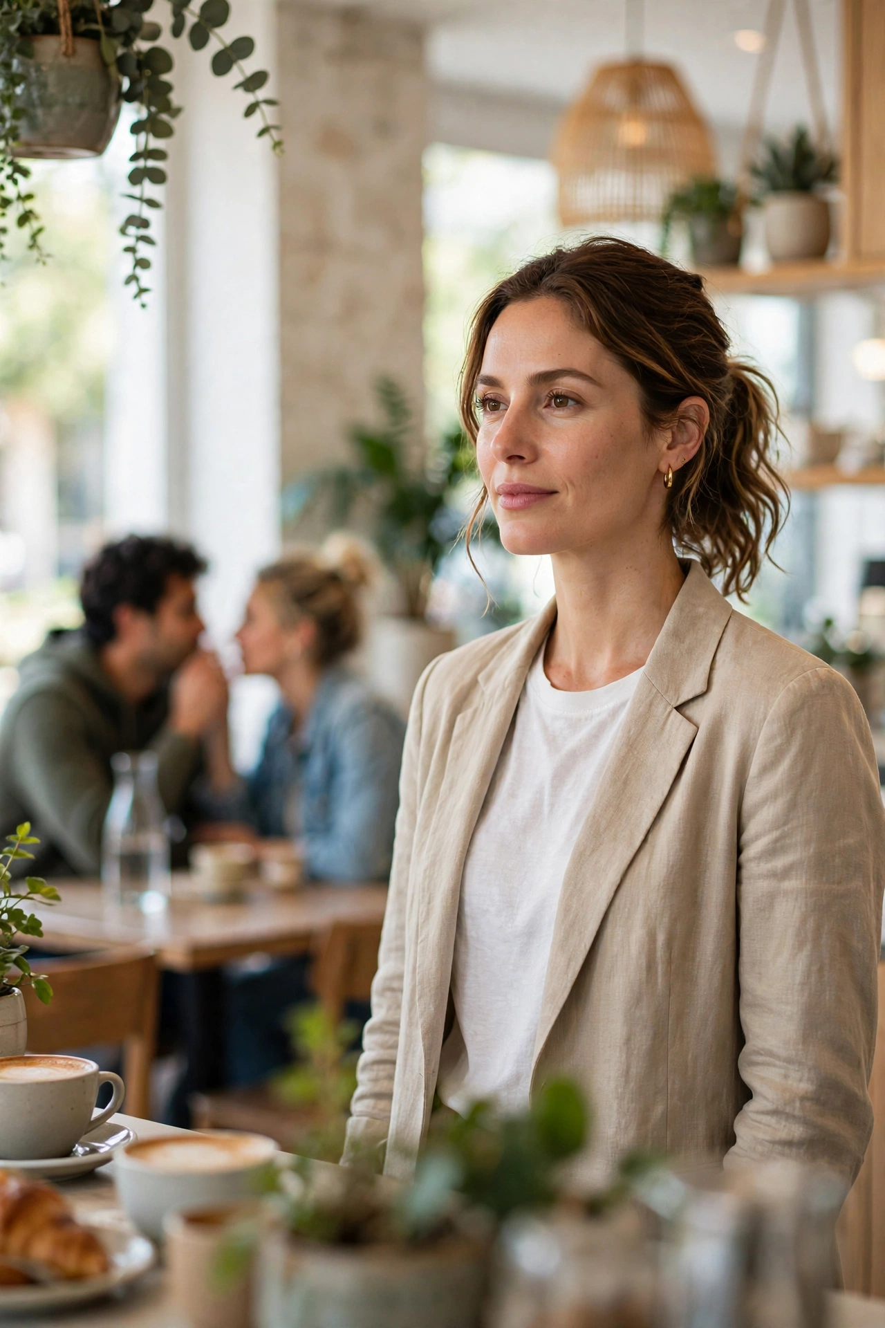 Woman standing calm while people whisper behind her back in a cafe