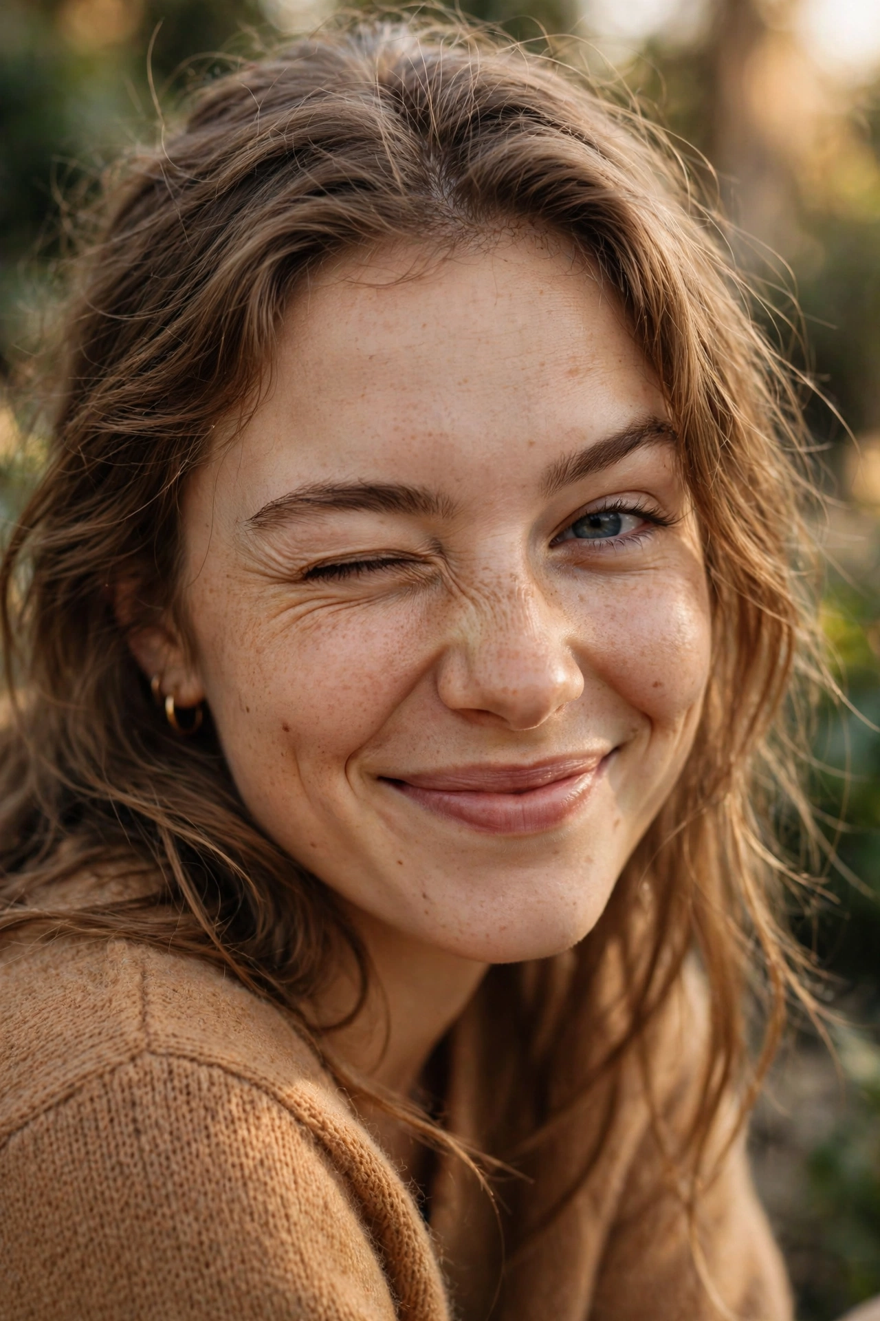 Woman with a playful knowing smile and wink