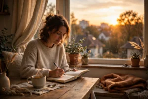 A warm peaceful evening scene at sunset with a journal and tea by a window, an end of the day quotes featured image
