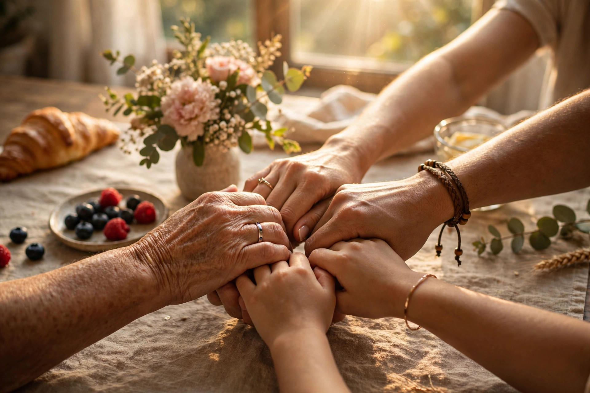 Family and friends' hands joined together over a breakfast table in warm golden morning sunlight — blessing quotes for family and friends