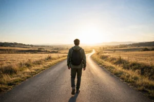 Hopeful person walking away down a sunny open road toward a bright horizon, peaceful and confident