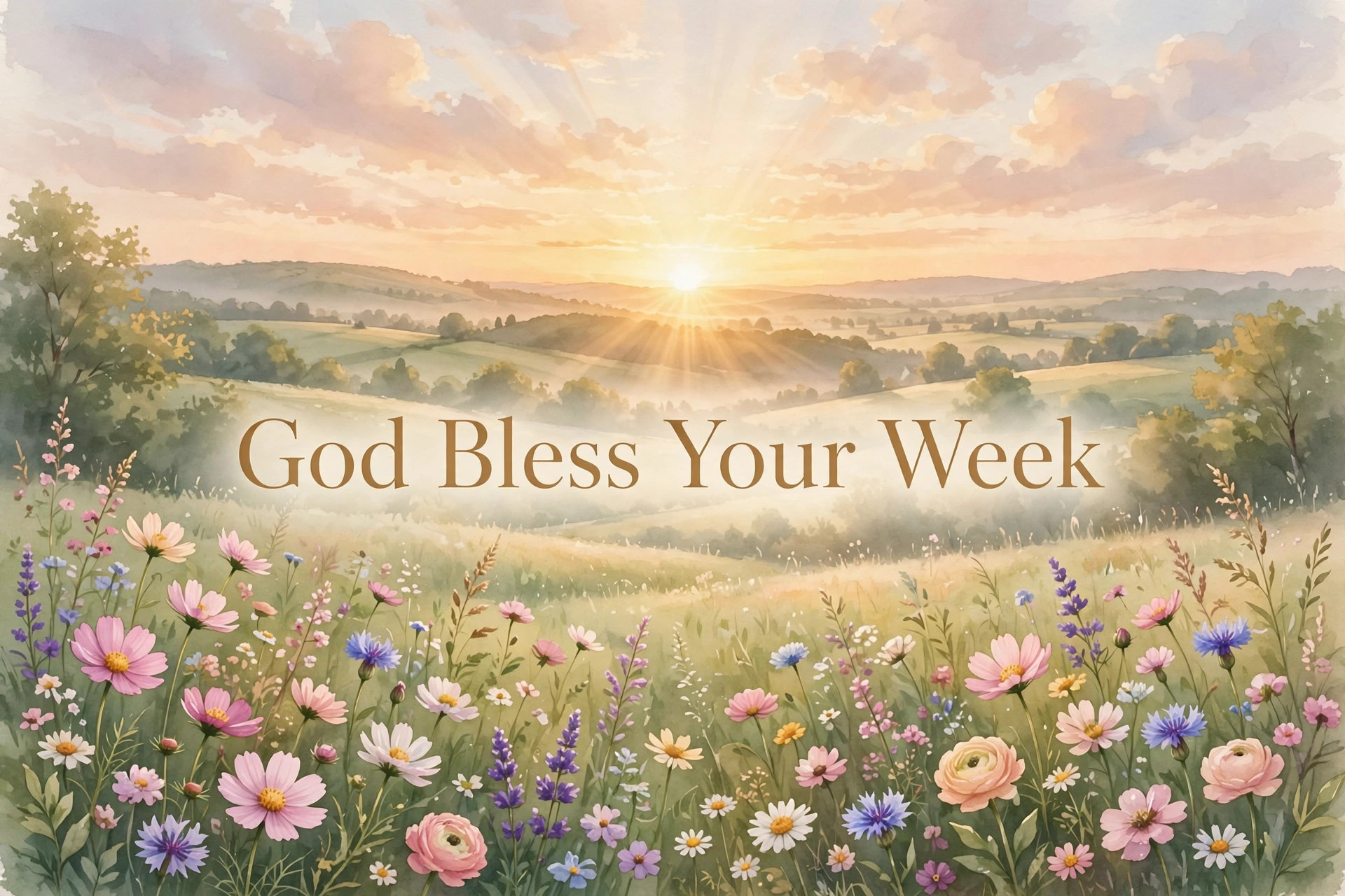 God Bless Your Week greeting image with golden sunrise over a peaceful flower meadow