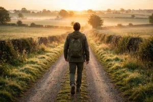 Person walking confidently on a quiet road at sunrise
