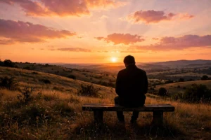 Person watching a golden sunset at the end of the day, reflecting peacefully