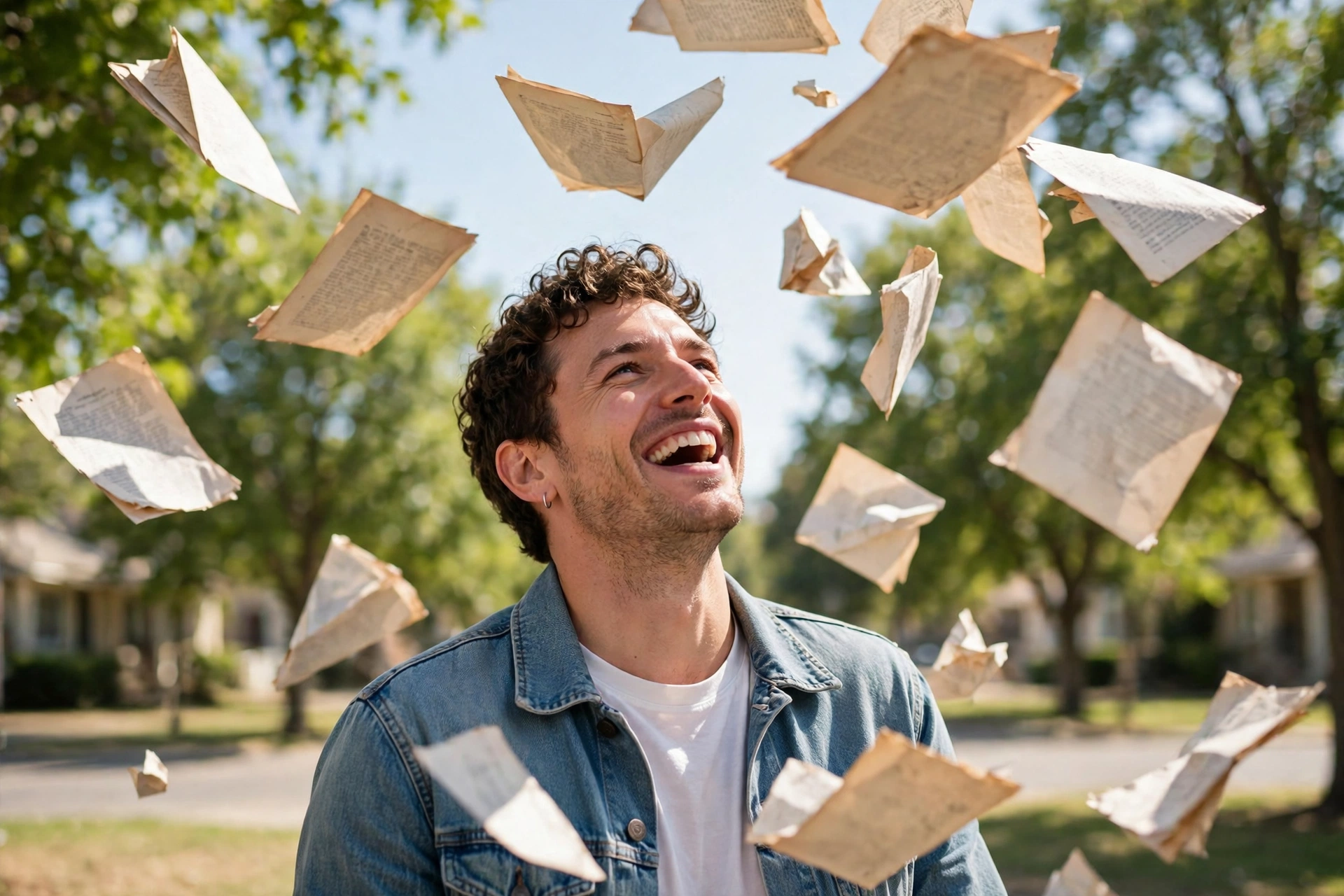 Cheerful person laughing while tossing old papers into the air on a sunny day, lighthearted