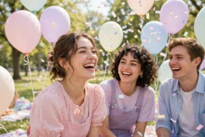 Cheerful young woman in a pastel pink outfit laughing with friends among pastel balloons and confetti in a sunny park