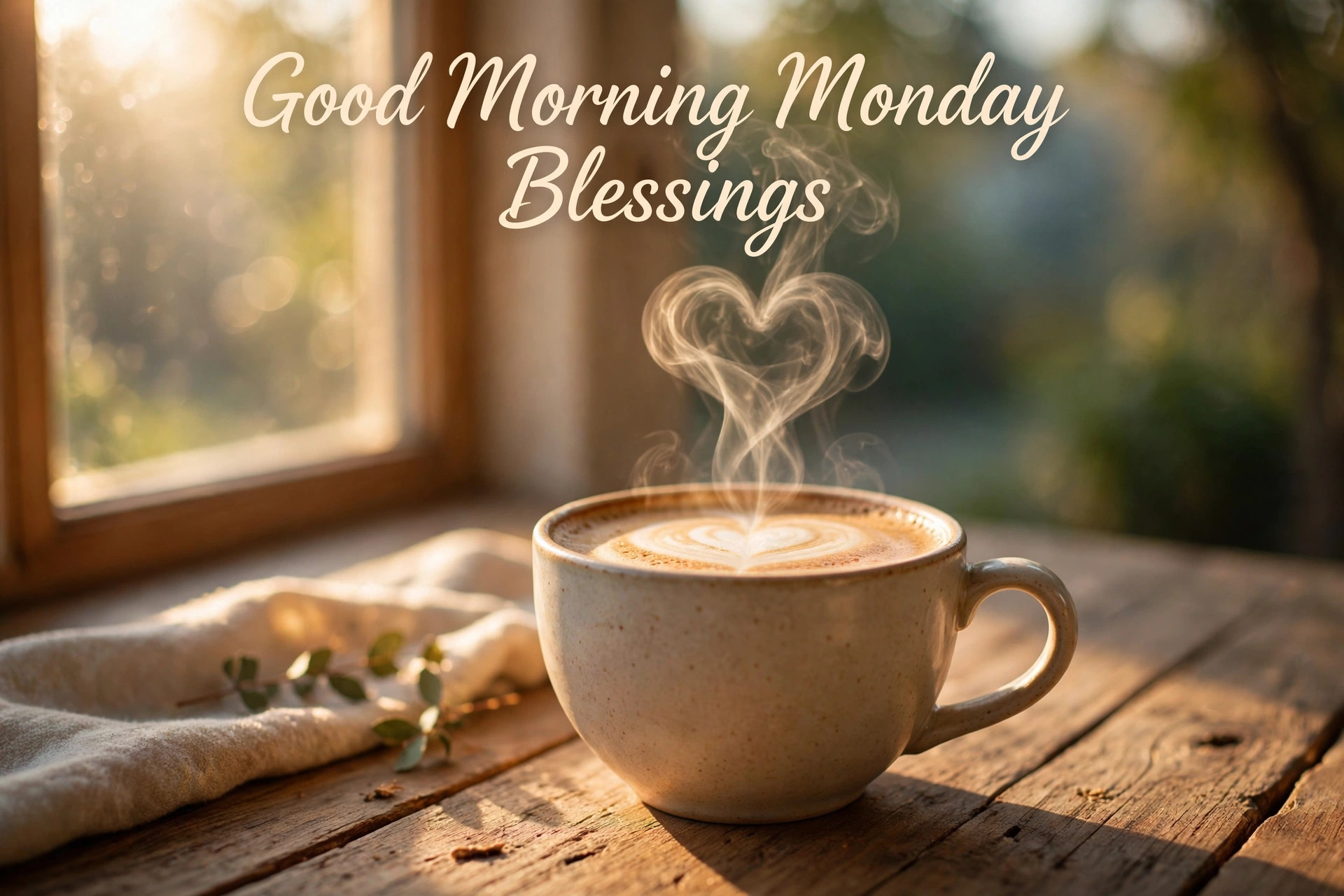 Good morning Monday blessings coffee cup at sunrise