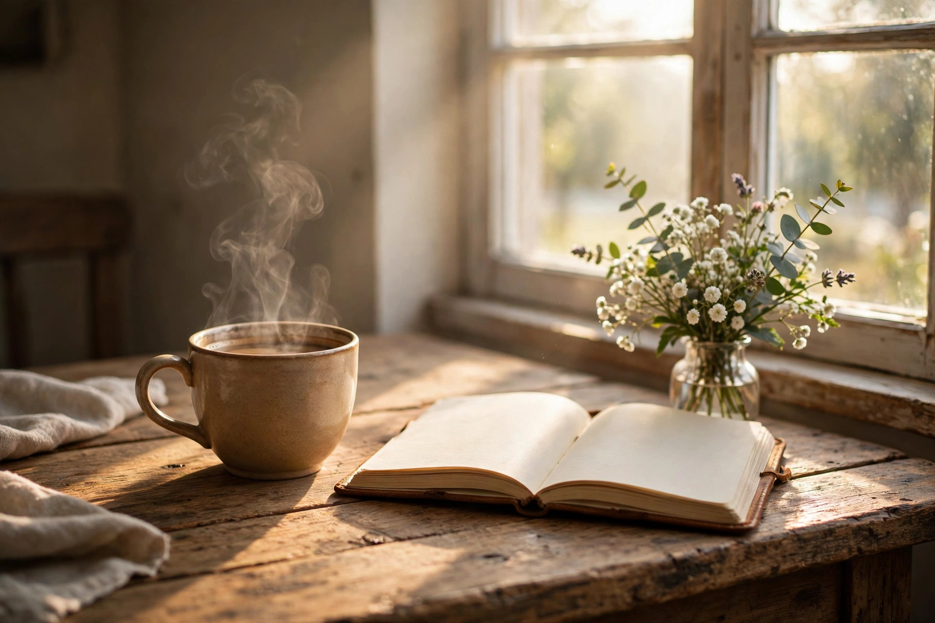Tuesday morning coffee and journal by a sunny window