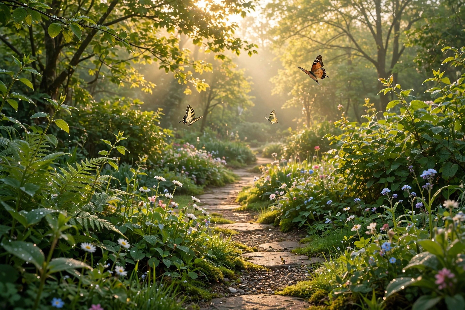 Bright garden in morning light — positive Tuesday quotes