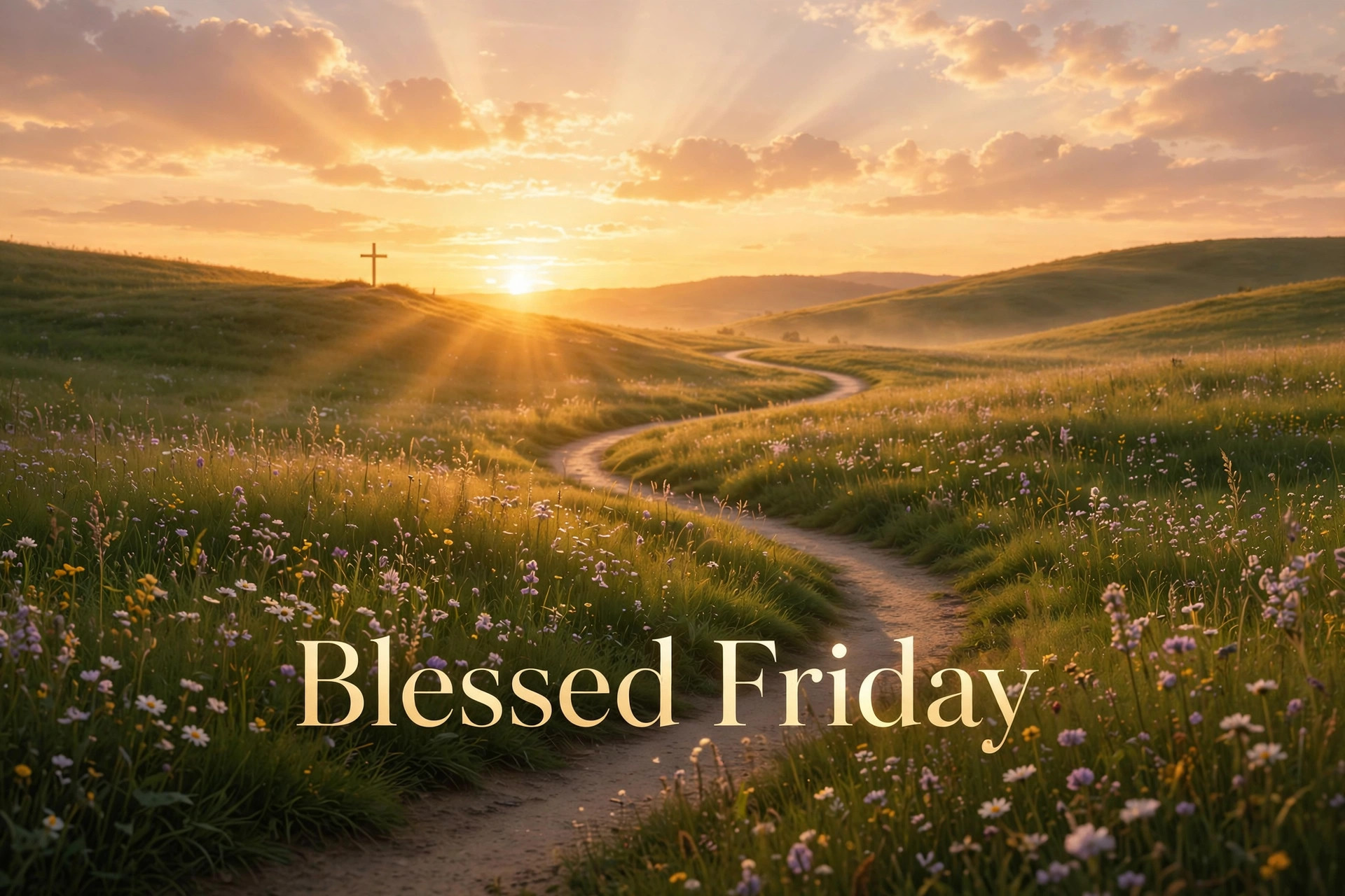 Blessed Friday greeting image with golden sunset path through a meadow