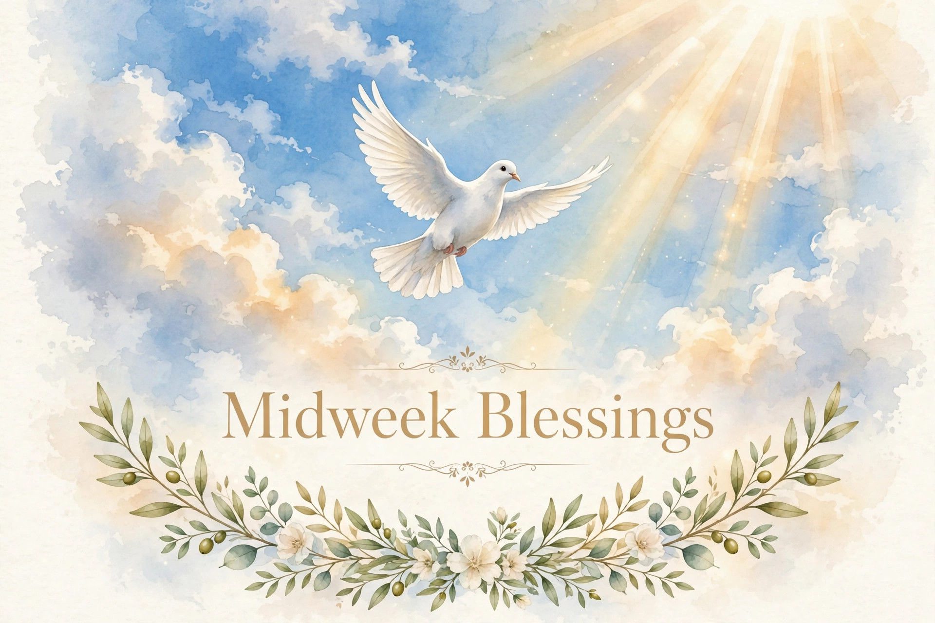 Midweek Blessings greeting image with a white dove flying in a bright sky