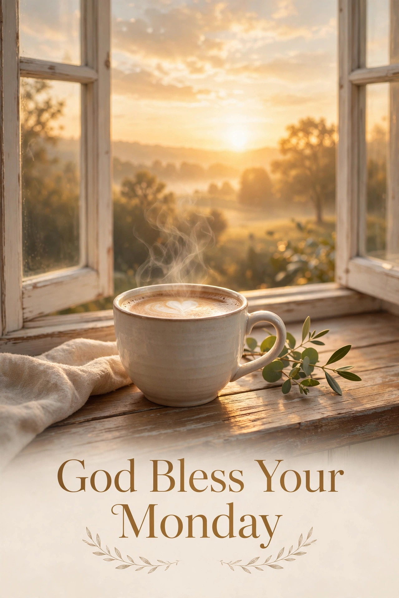 God Bless Your Monday greeting image with morning coffee and sunrise