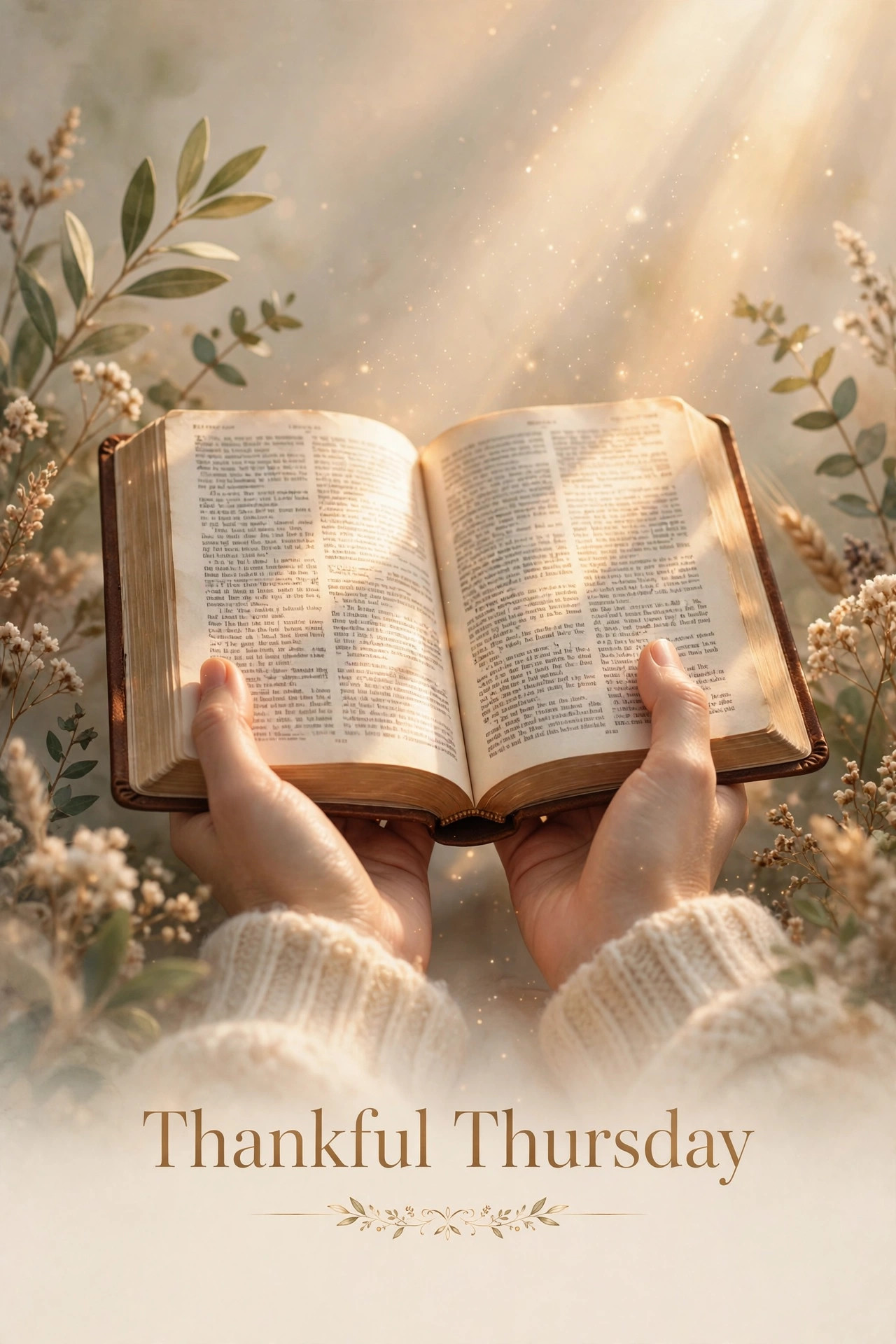Thankful Thursday blessing image with hands holding an open Bible in warm light