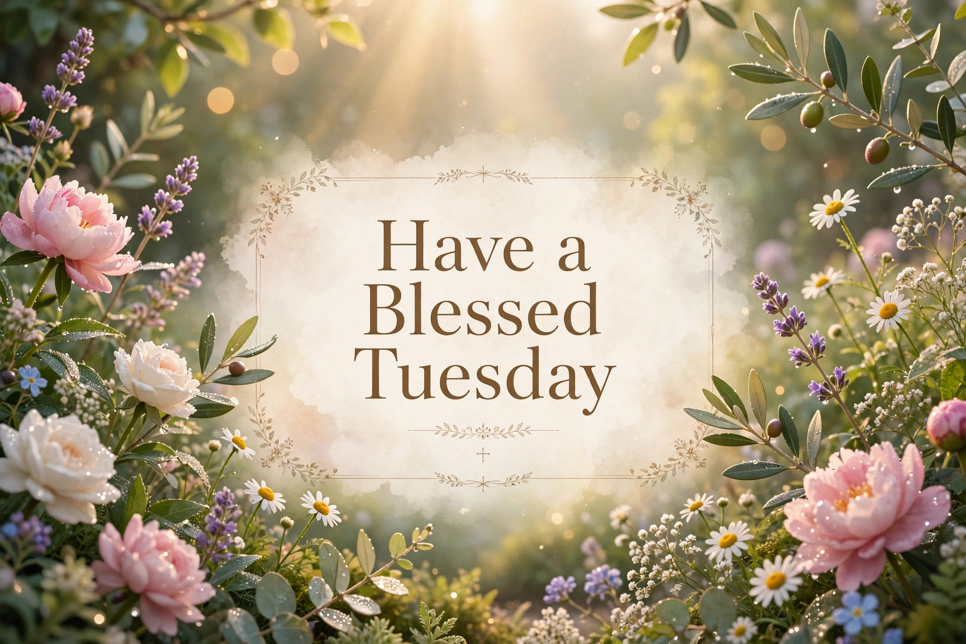 Have a Blessed Tuesday greeting image with blooming flowers in a garden