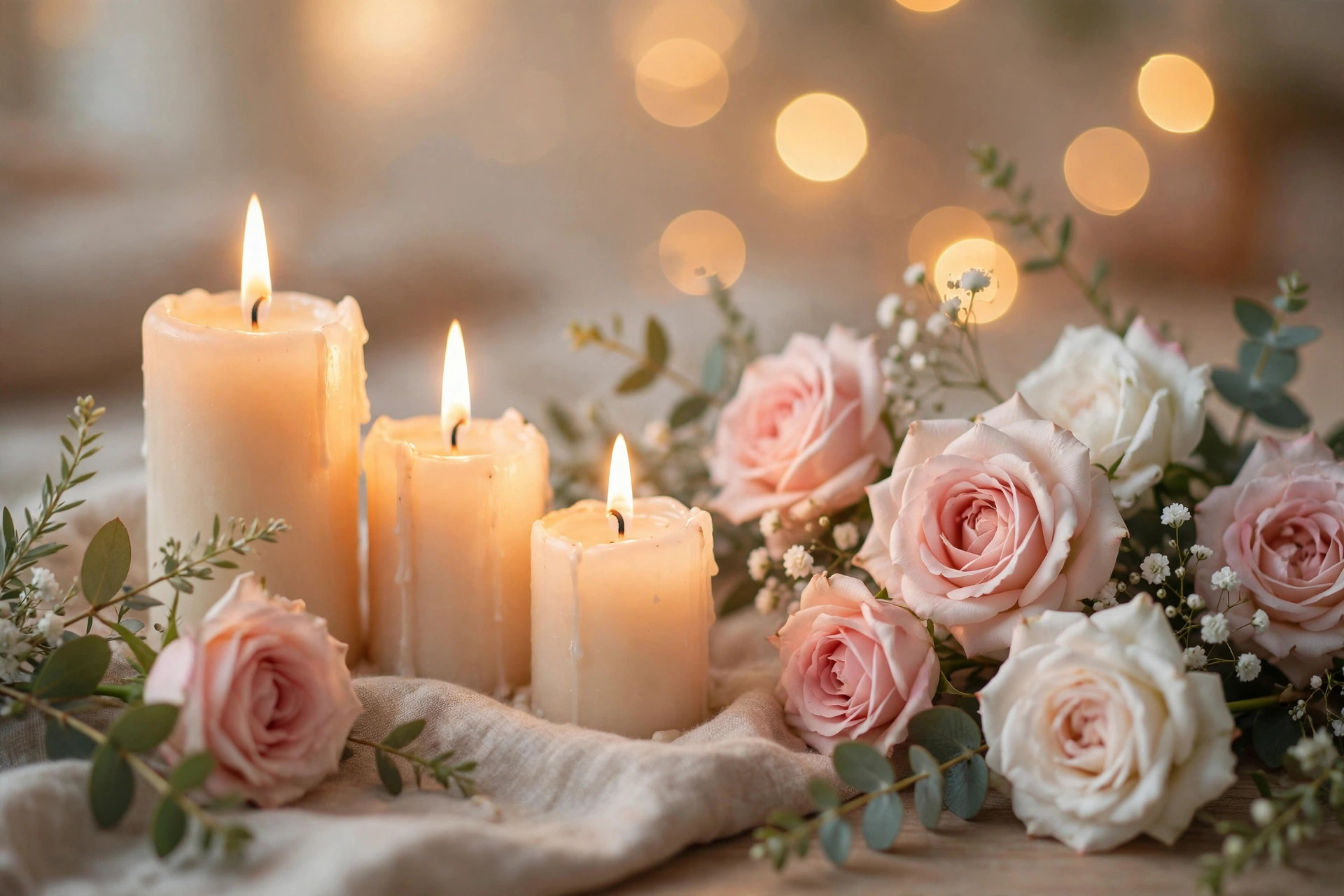 Peaceful blessing scene with candles and roses in soft warm light