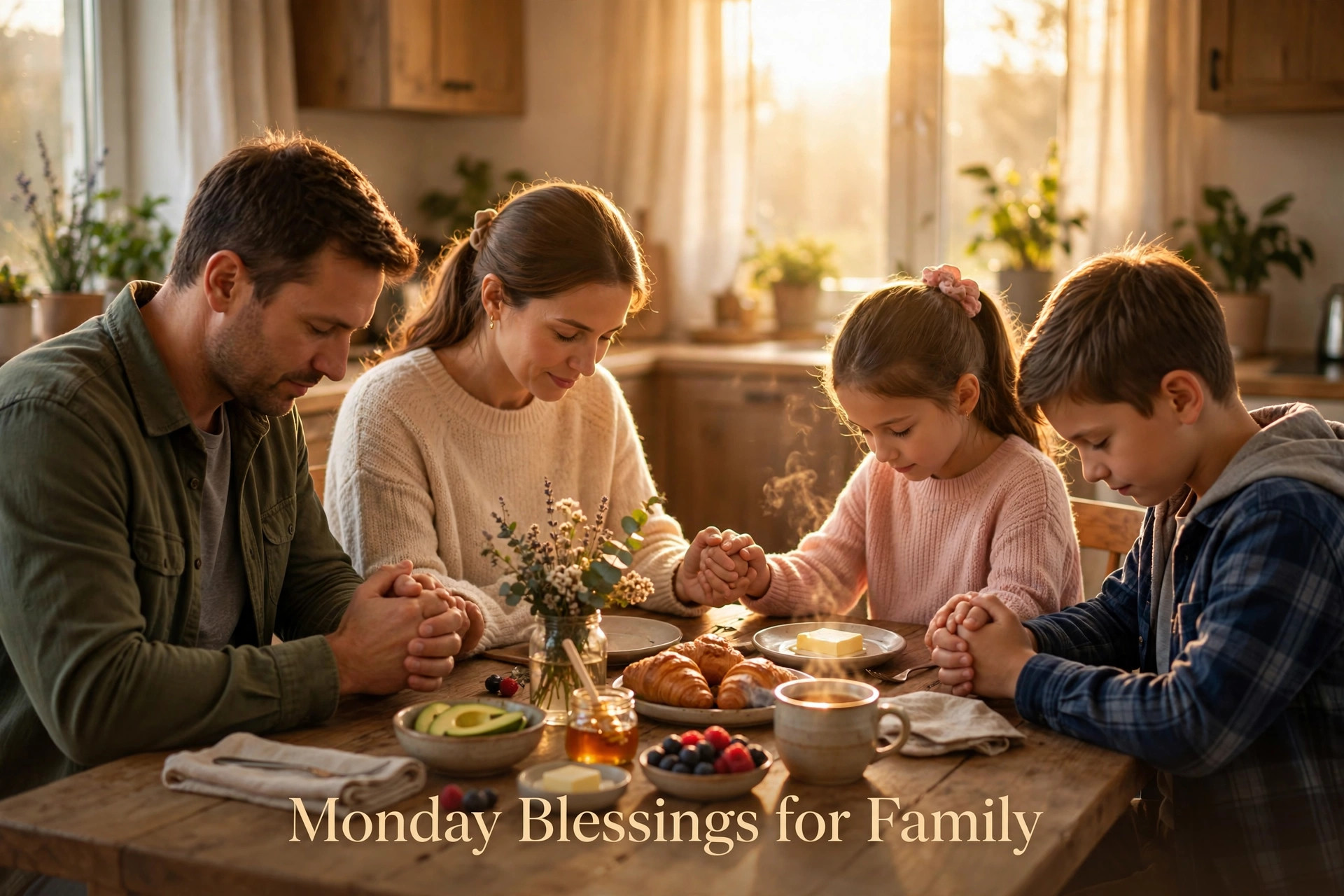 Monday blessings for family praying together at breakfast