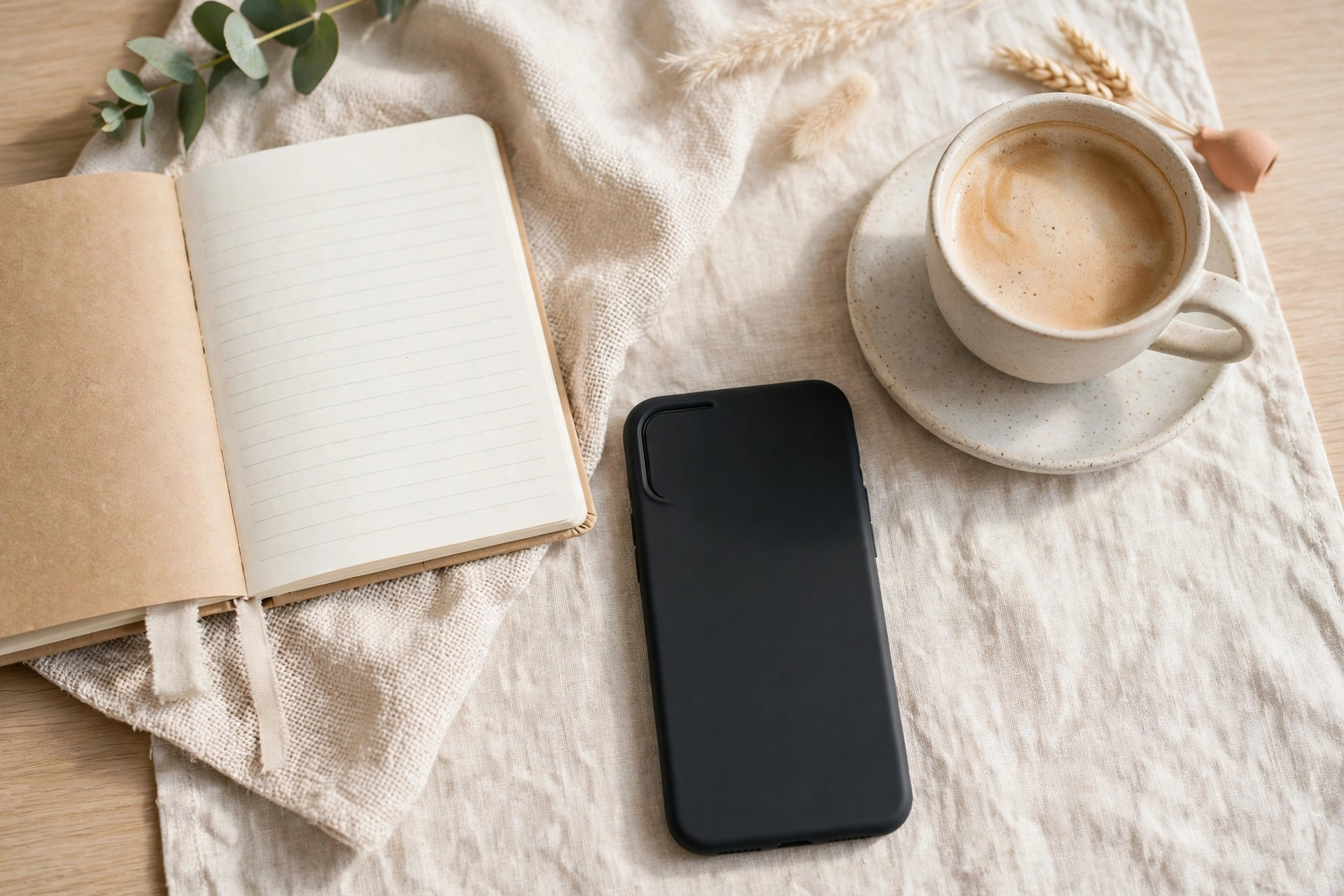 A phone, notebook and coffee arranged in a flat lay, a once im done quotes for captions image