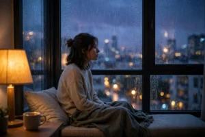 A sad evening by a window at dusk