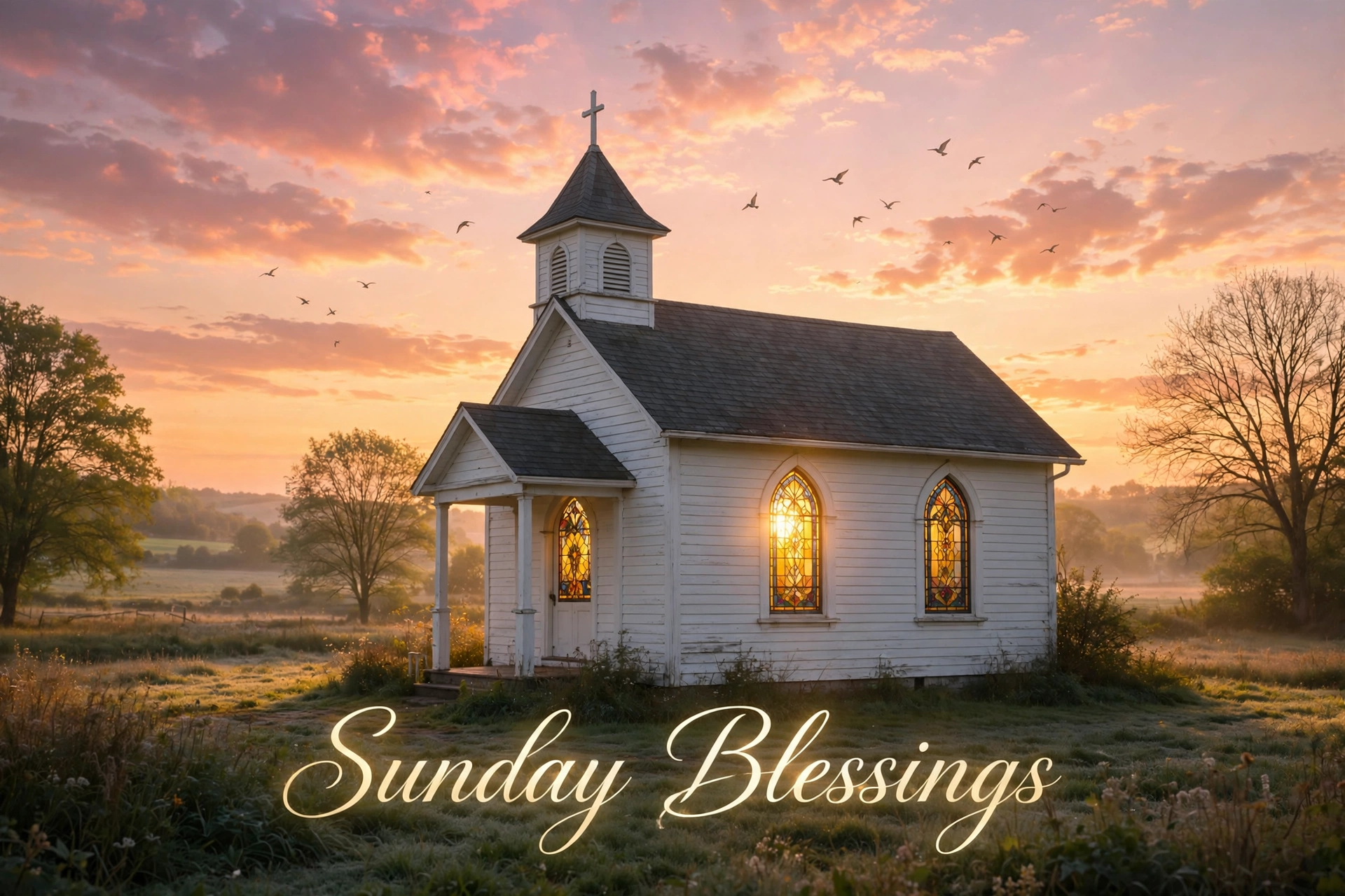Happy Sunday blessings images: sunlight streaming through a church at sunrise