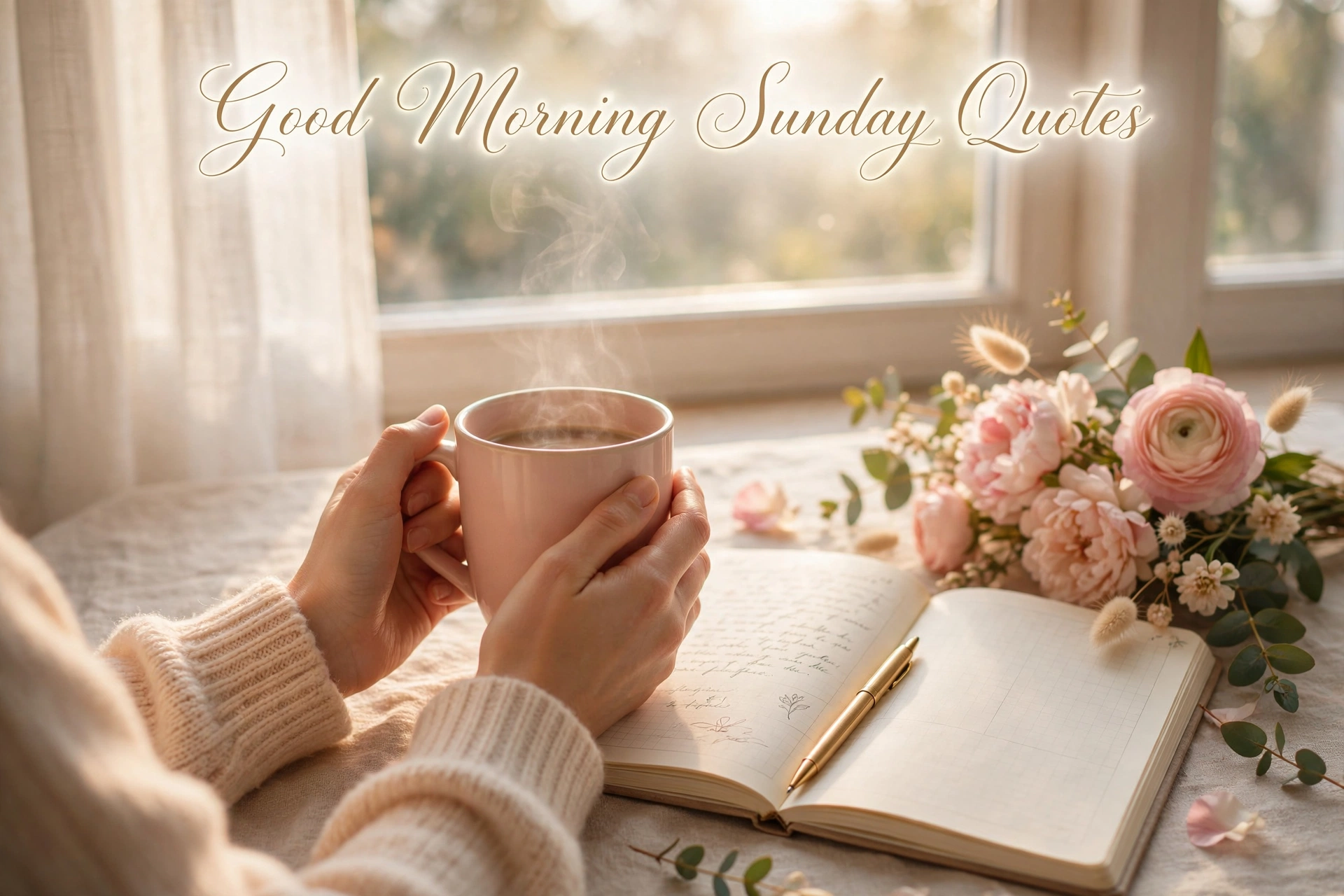Good morning Sunday quotes images: inspirational quote on a calm Sunday morning scene