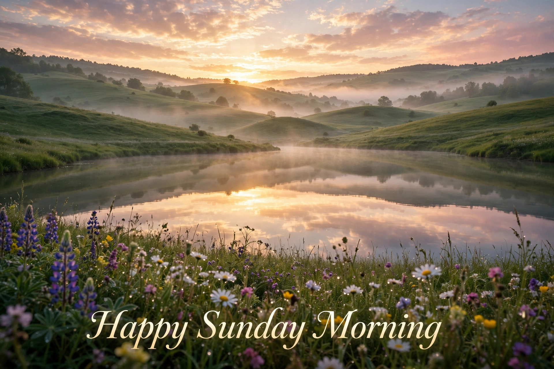 Good morning Sunday blessings images: peaceful sunrise over a quiet Sunday morning