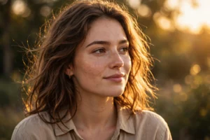 Woman with a calm knowing smile in golden sunset light