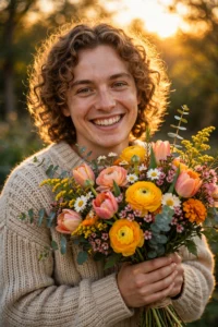 Smiling person holding a bright bouquet of flowers in warm golden light