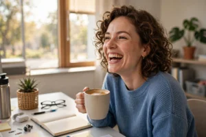 Funny mid week motivation — cheerful person laughing with coffee at a bright office desk