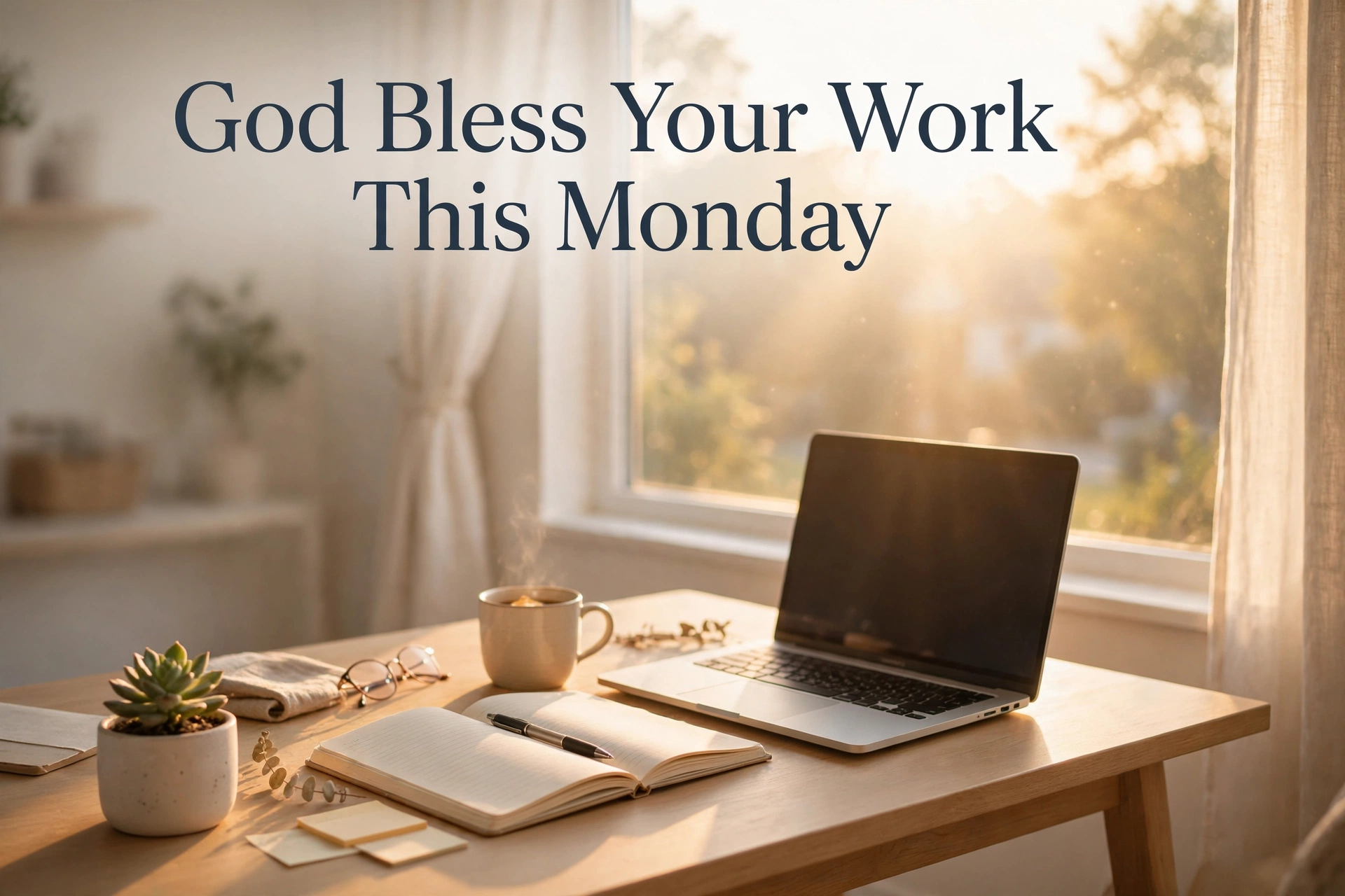 Monday blessing image for work, bright home office desk at sunrise
