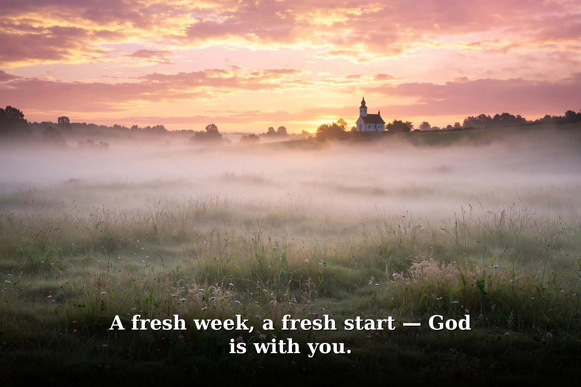 Monday prayer image – white church at dawn, fresh week fresh start