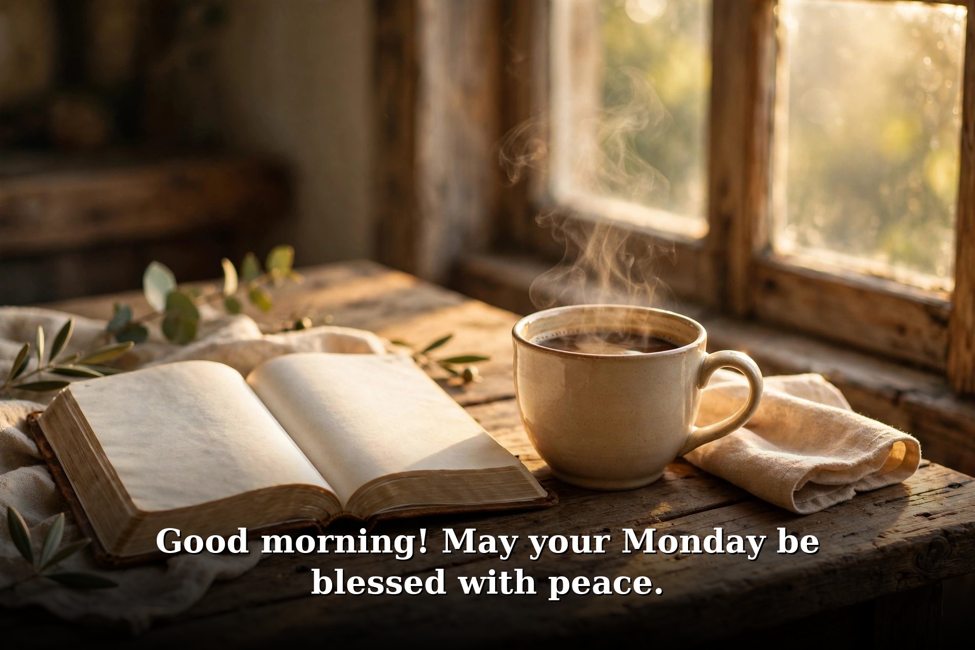 Good morning Monday prayer image – coffee and open Bible by a sunny window