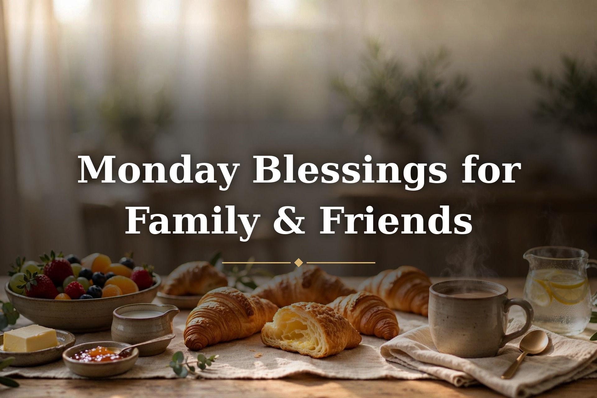 Warm family breakfast scene with a Monday blessing image for loved ones