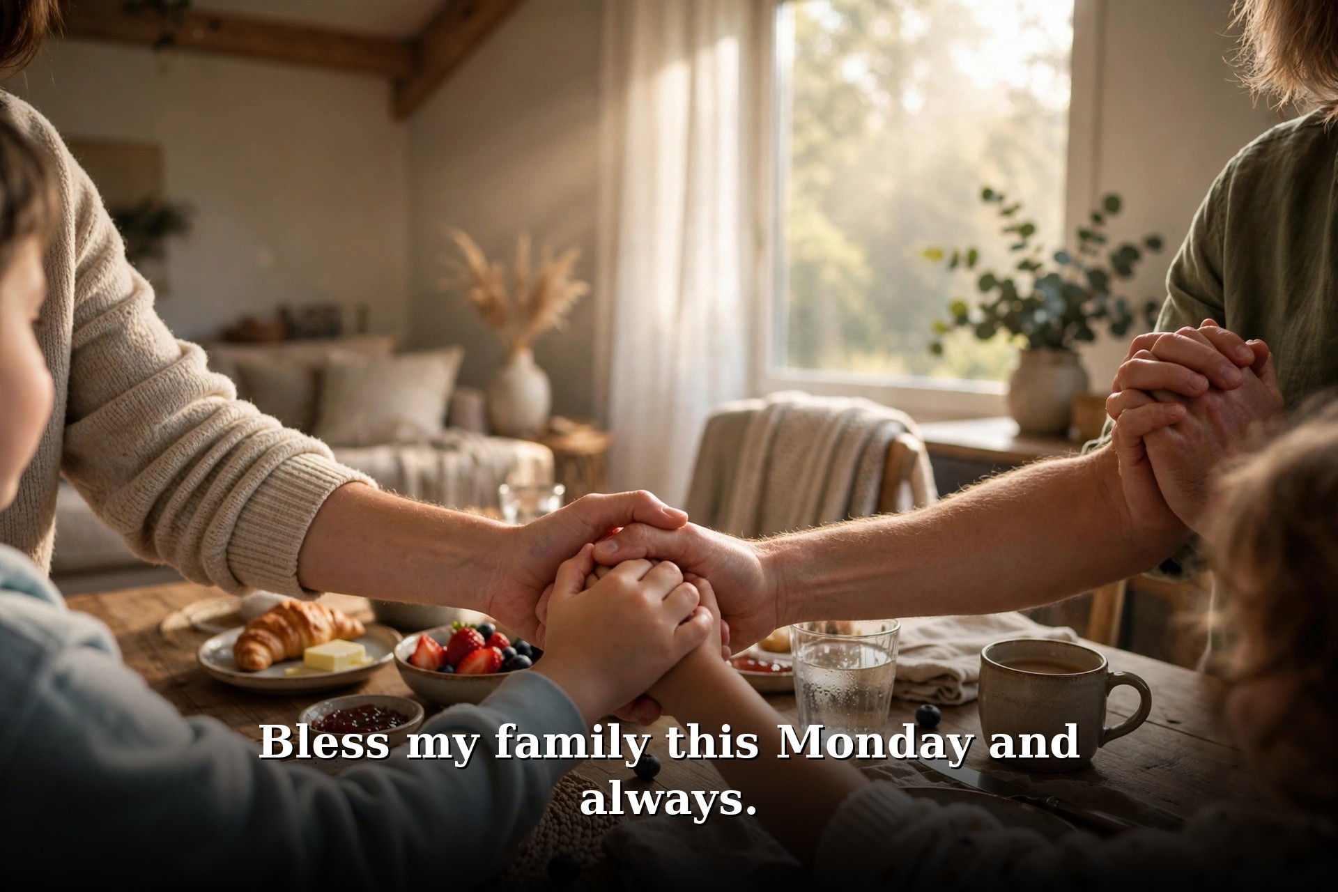Monday prayer image – family praying together around breakfast table