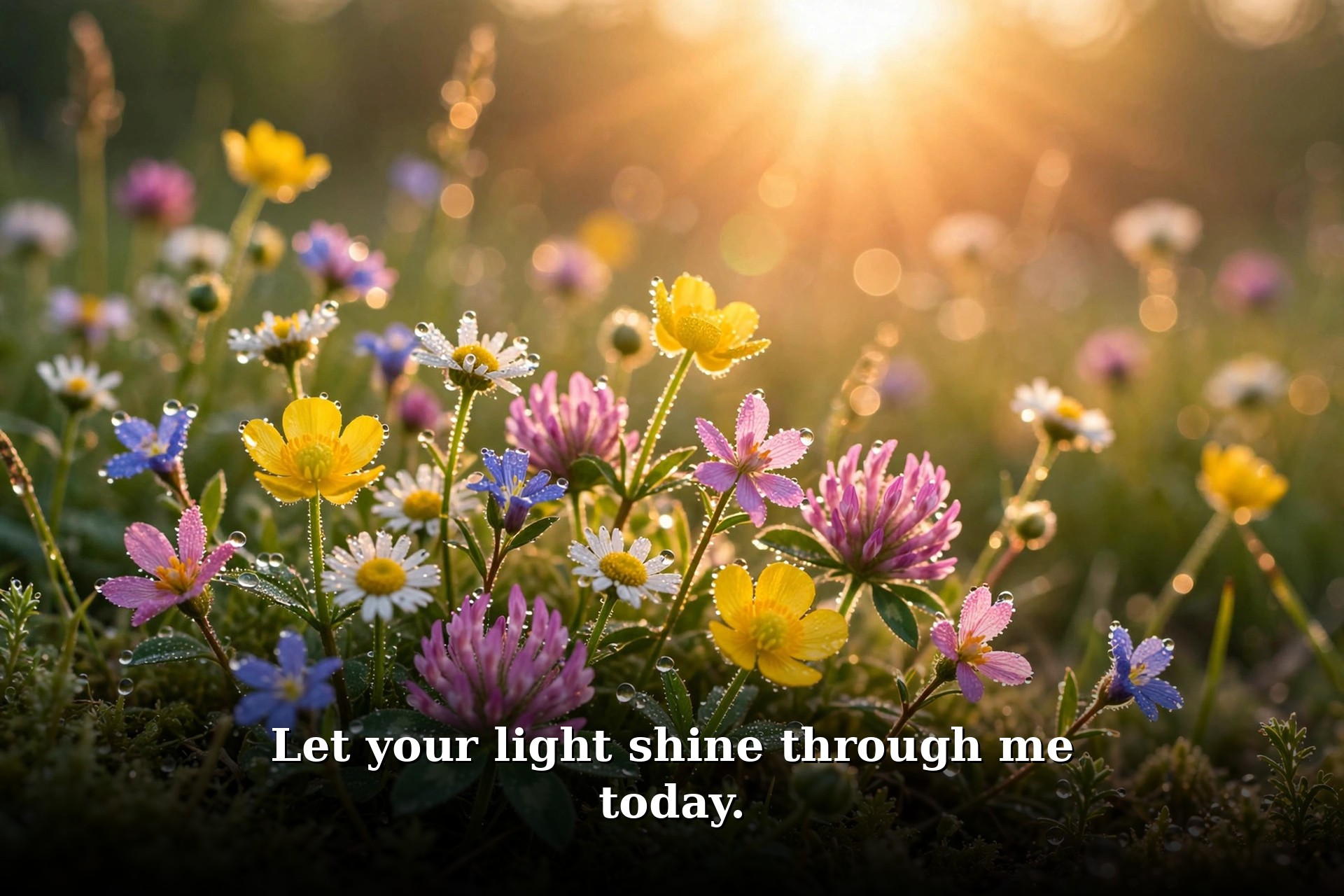 Monday prayer image – wildflowers with morning dew and sun flare