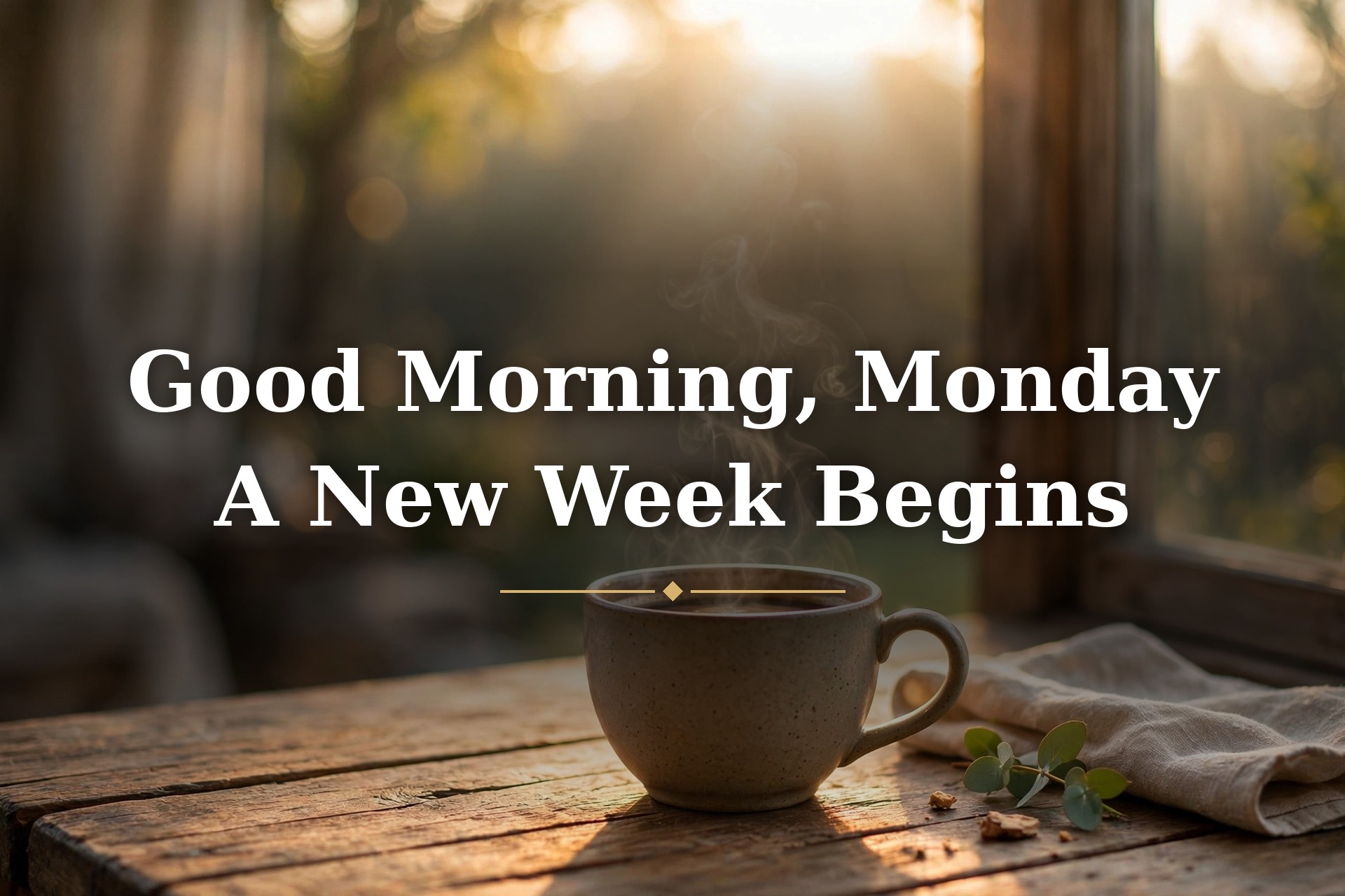 Steaming coffee cup in warm morning light, good morning Monday blessing image