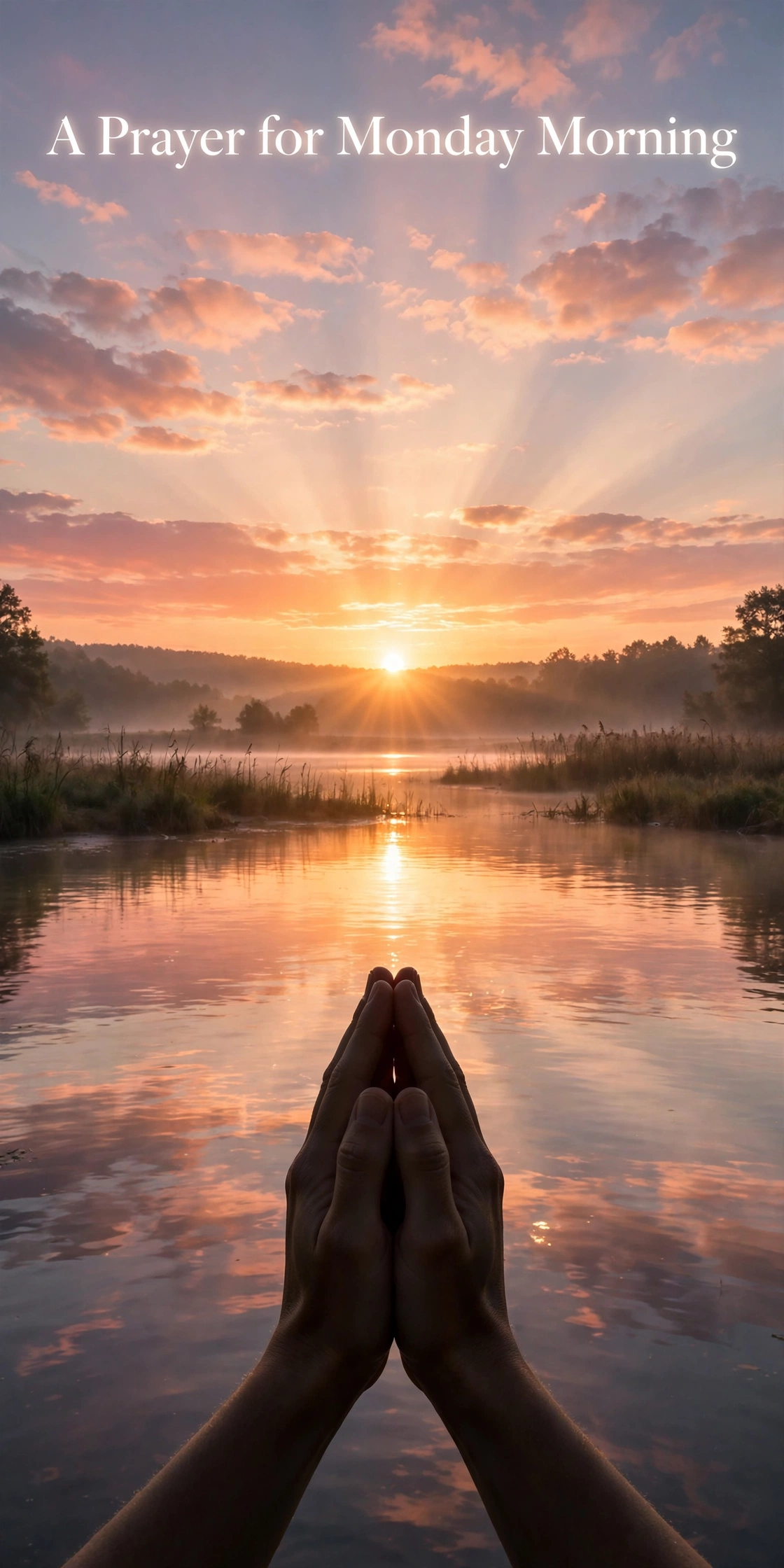 Monday morning prayer image with folded hands at sunrise
